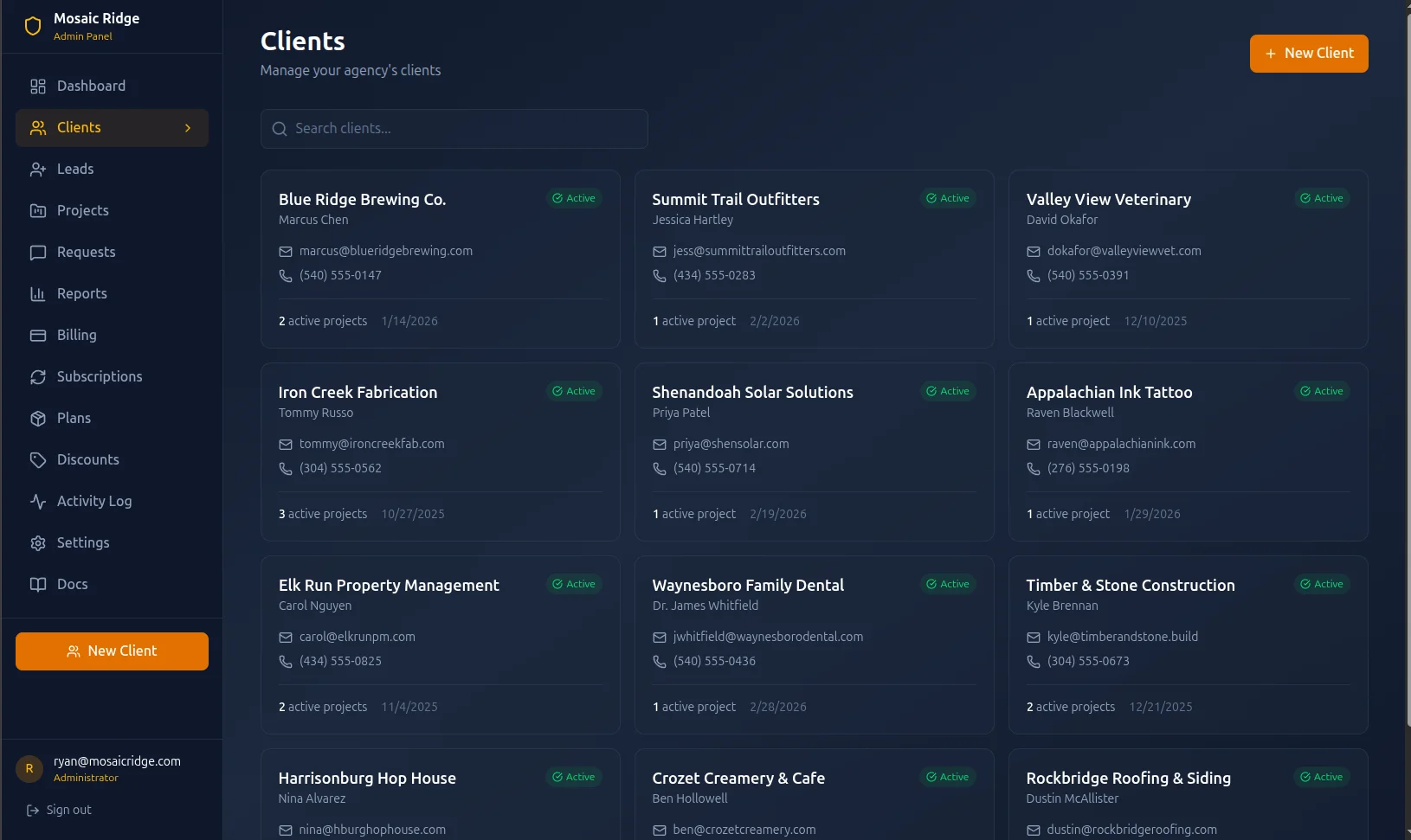 Screenshot of Mosaic Ridge Client Portal - Full-stack client dashboard with authentication, S...